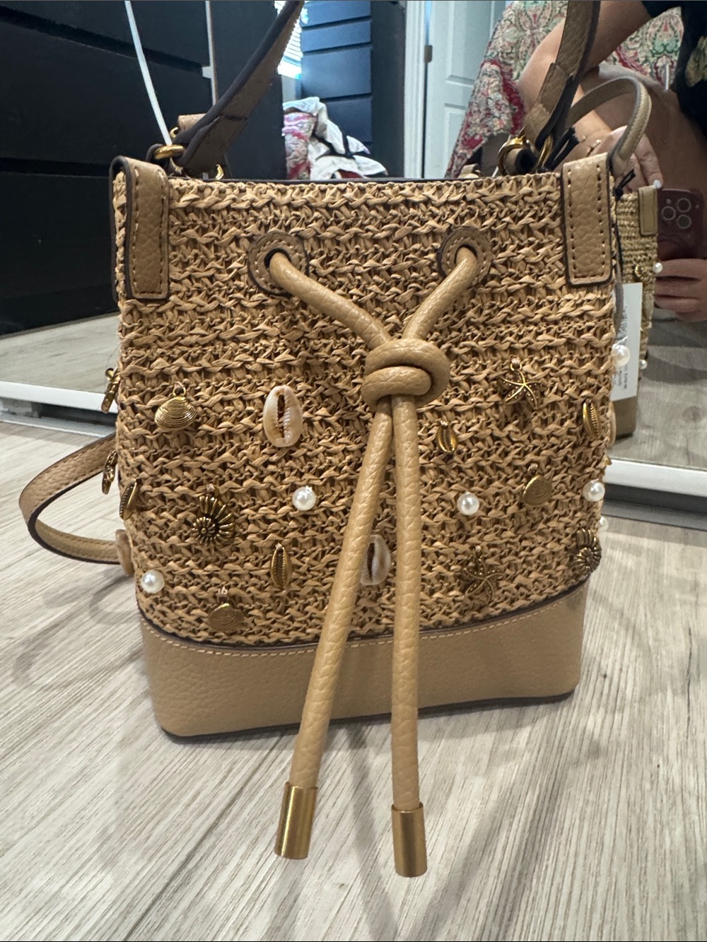 Steve Madden Tan Embellished Straw Drawstring Crossbody Bag
